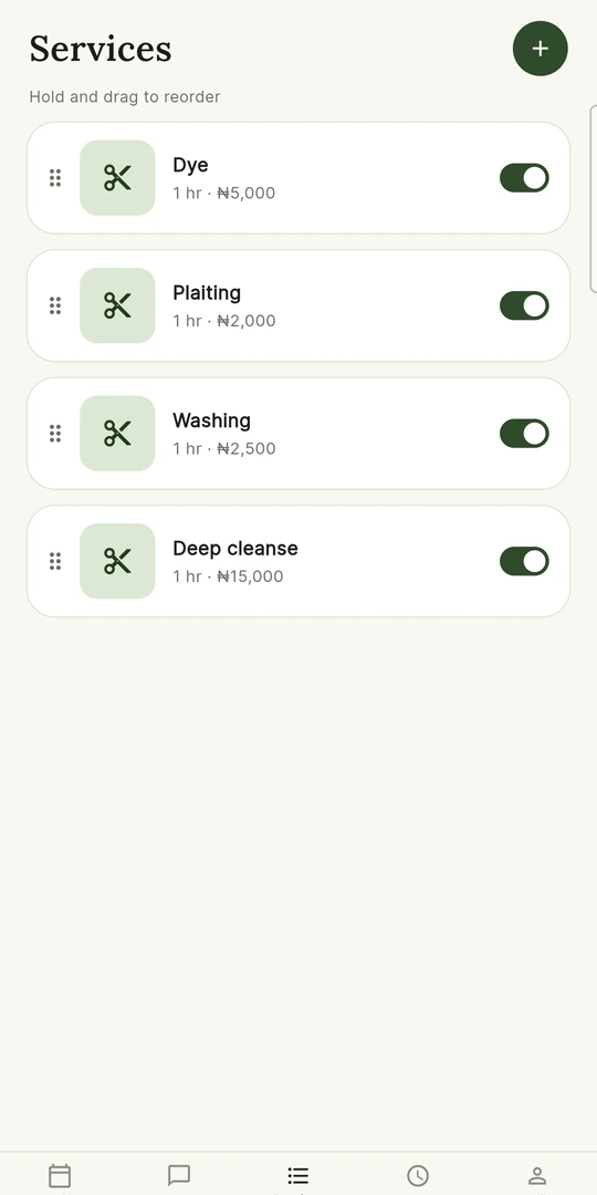 Khade Provider app Services screen with service prices and durations